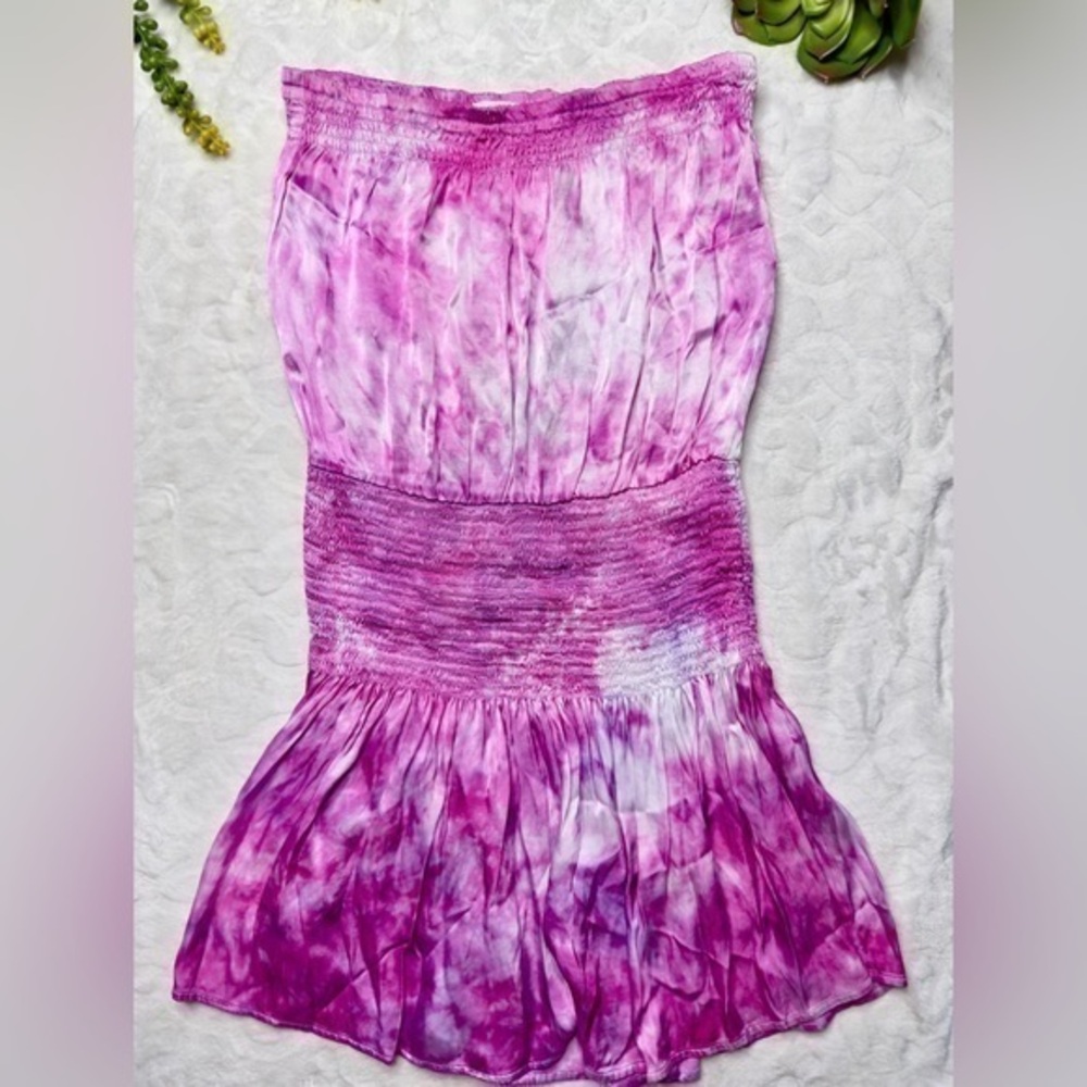 Rays for Days Mila Tie Dye Smocked Strapless Satin Mini Tube Dress in Pink White